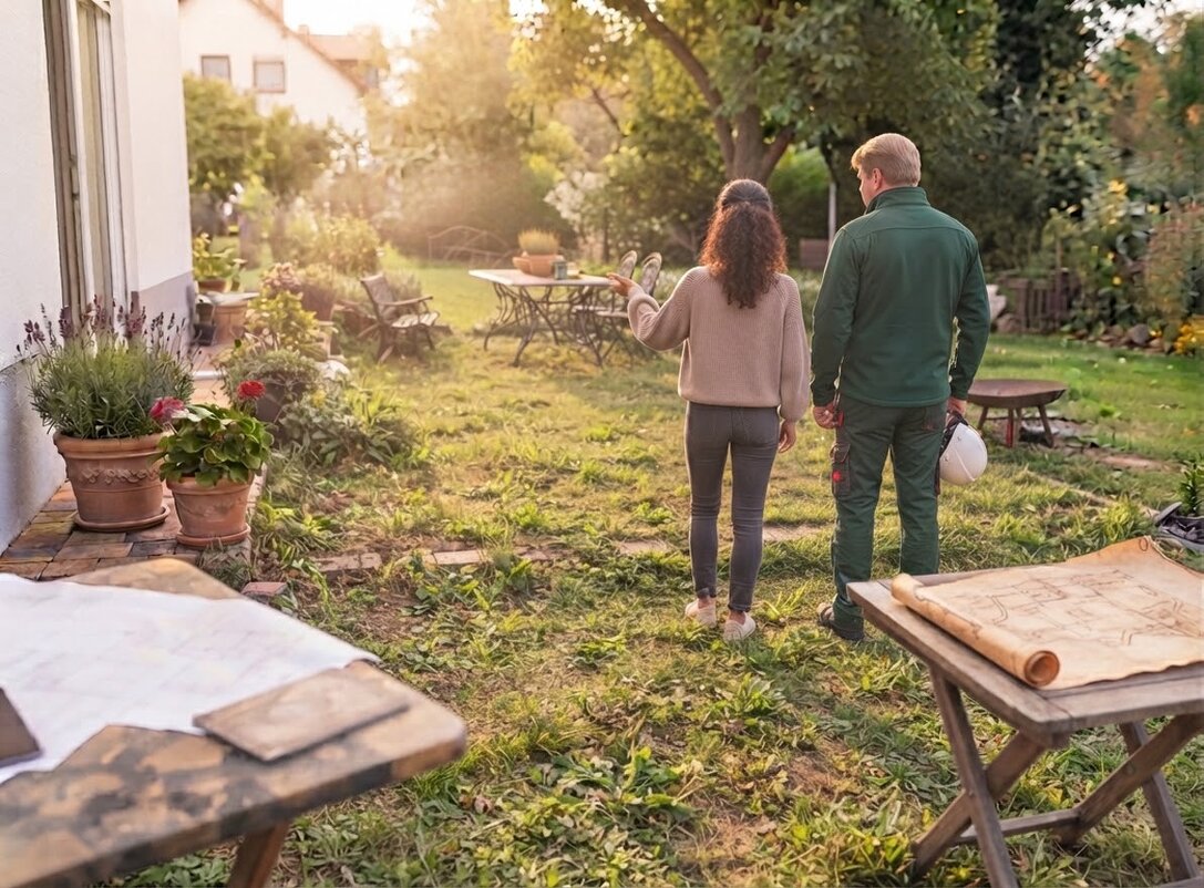Vor-Ort-Beratung im Garten mit Notizen und Plänen